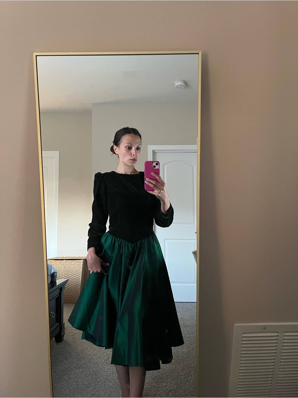 VTG 80s Lisa Michaels Velvet and Taffeta Green Midi Dress 3/4 Sleeve Drop Waist